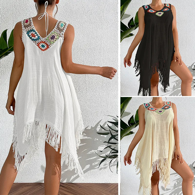 Elegant women's geometric summer cover-up featuring a sexy sleeveless V-neck design with stylish tassels, perfect for beach outings and sun protection.