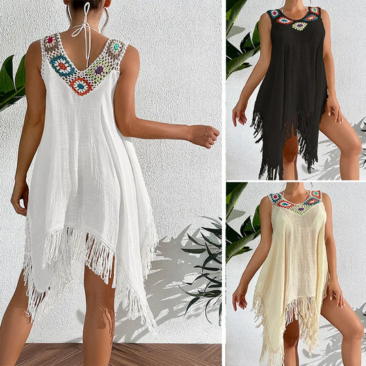 Elegant women's geometric summer cover-up featuring a sexy sleeveless V-neck design with stylish tassels, perfect for beach outings and sun protection.