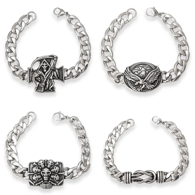 Luxurious Titanium Steel Skull Eagle Cuban Link Bracelet for men, embodying hip hop and punk style, perfect for daily wear.