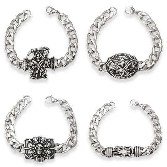 Luxurious Titanium Steel Skull Eagle Cuban Link Bracelet for men, embodying hip hop and punk style, perfect for daily wear.