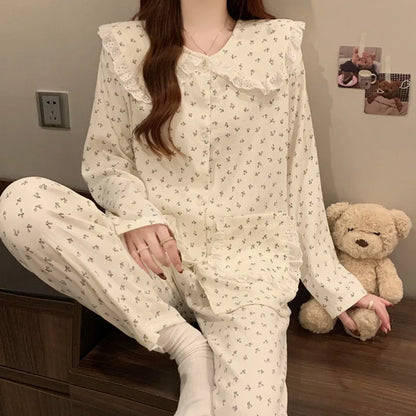 Sweet Cherry Cloud Cotton Long Sleeve Spring Home Clothes Set For Girls Comfortable Breathable Sleepwear Casual Style