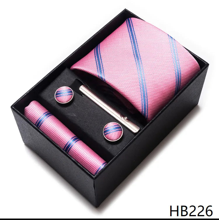 Complete set of elegant men's cufflinks and lavalier tie in geometric pattern, perfect for enhancing formal attire across all seasons.