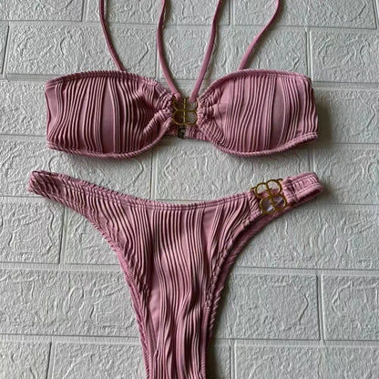 Luxurious women's solid colour 2-piece bikini set featuring a sexy low waist design, perfect for beach outings and poolside lounging.