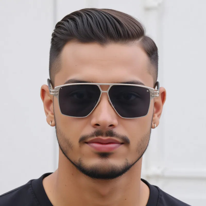 Luxury men's geometric square sunglasses in grey and black, showcasing full-frame design, perfect for streetwear style.