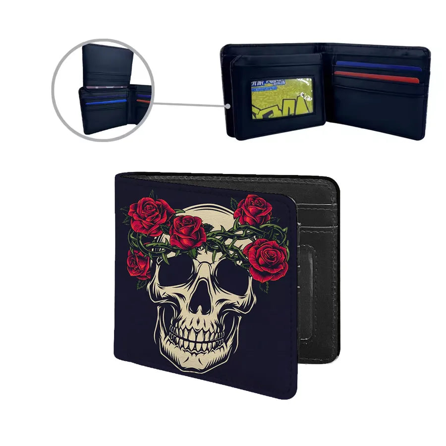 Elegant PU leather wallet for men with a streetwear vibe, designed with skull motifs, perfect for holidays and casual outings.