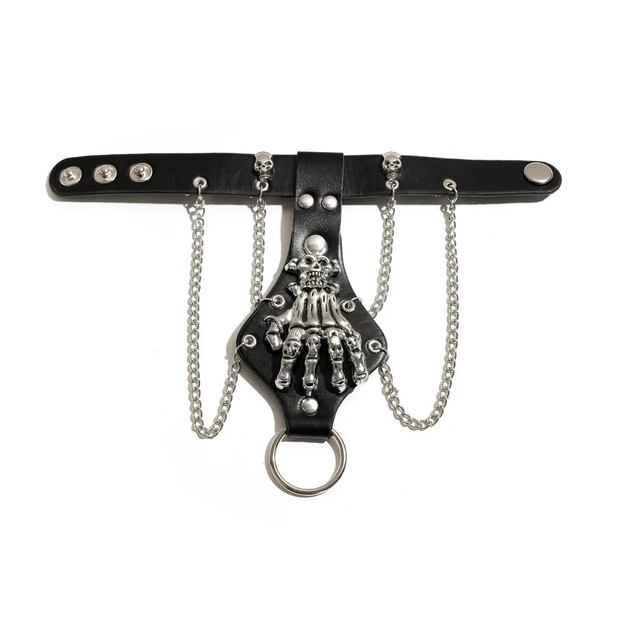 Close-up view of the Vintage Hip Hop Style Skull & Iron Chain Bracelet for men, showcasing exquisite PU leather and alloy craftsmanship, ideal for stylish party or street wear.