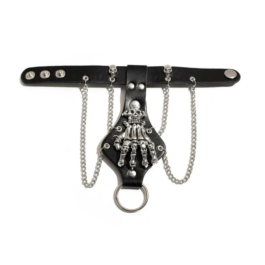 Close-up view of the Vintage Hip Hop Style Skull & Iron Chain Bracelet for men, showcasing exquisite PU leather and alloy craftsmanship, ideal for stylish party or street wear.