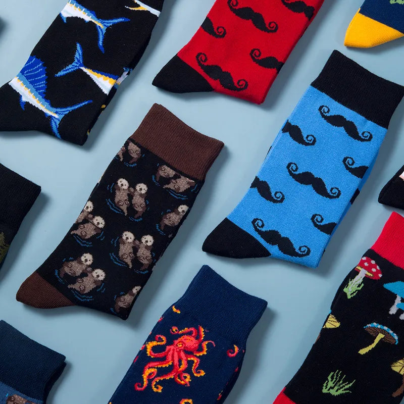 Luxury men's fashion jacquard crew socks featuring an elegant car and mushroom pattern, crafted from breathable nylon cotton, ideal for winter wear.