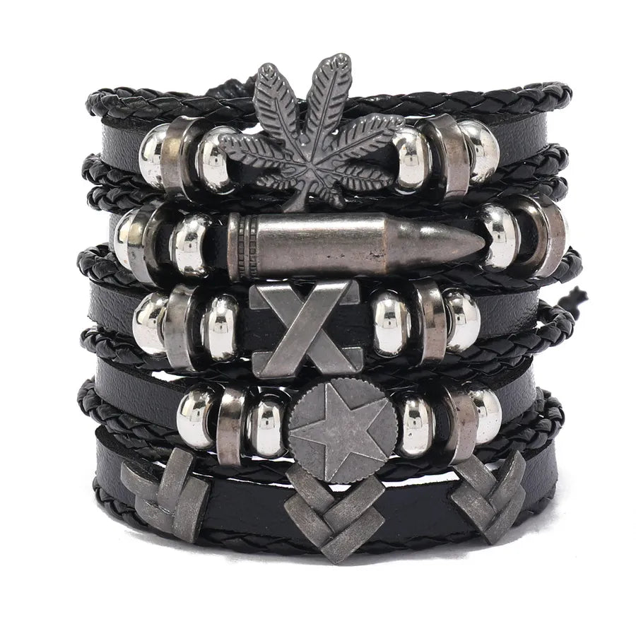 Close-up view of a premium men's punk asymmetrical braid bracelet, showcasing intricate geometric patterns and a fusion of CCB, PU leather, and alloy materials for a sophisticated look.