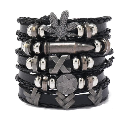 Close-up view of a premium men's punk asymmetrical braid bracelet, showcasing intricate geometric patterns and a fusion of CCB, PU leather, and alloy materials for a sophisticated look.