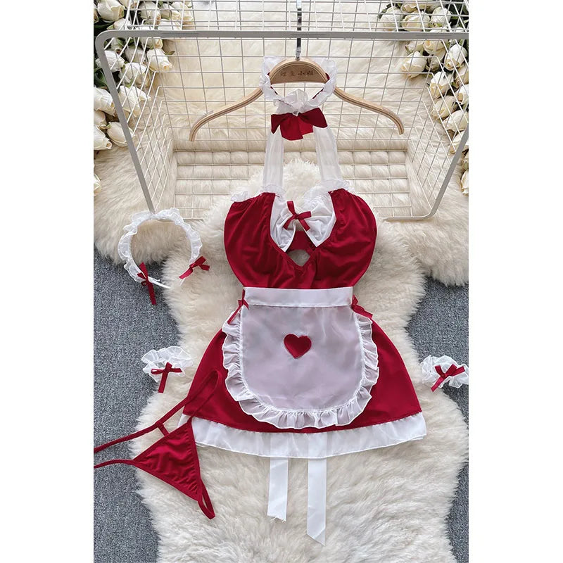 Elegant Women's Christmas lingerie set featuring heart shape and bow knot design, halter neck style and low waist thong, perfect for festive celebrations.