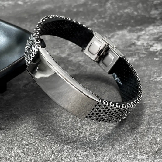 Stylish 304 stainless steel bangle in an asymmetrical design for men, embodying a vintage punk aesthetic suitable for daily wear.