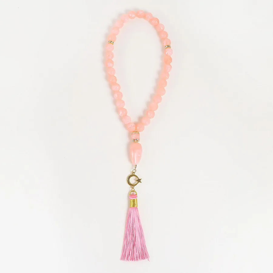Elegant unisex classical ethnic-style round tassel rosary in pink, blue, and black, crafted from acrylic and alloy materials.