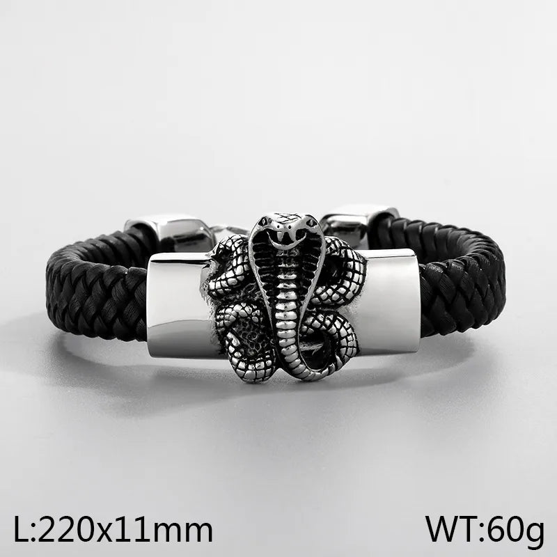 Hip-Hop Retro Animal Lion Skull 304 Stainless Steel Leather rope Leather Halloween Men's Bracelets