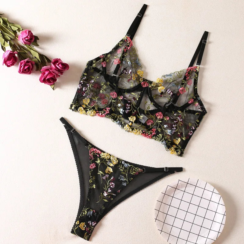 Elegant women's sexy lingerie set showcasing a stunning floral design, including an exquisite underwire bra and a beautifully crafted low waist thong.