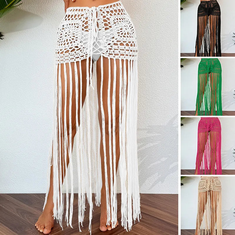 Elegant Women's Sexy Mesh Beach Cover Up in Asymmetrical Design with Tassel Detail, Perfect for Vacation Style