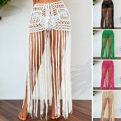 Elegant Women's Sexy Mesh Beach Cover Up in Asymmetrical Design with Tassel Detail, Perfect for Vacation Style