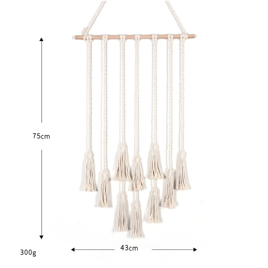 Elegant hand-woven cotton tassel tapestry wall hanging, showcasing Nordic style home décor ideal for B & B hotels, adding a touch of luxury and sophistication to any interior space.