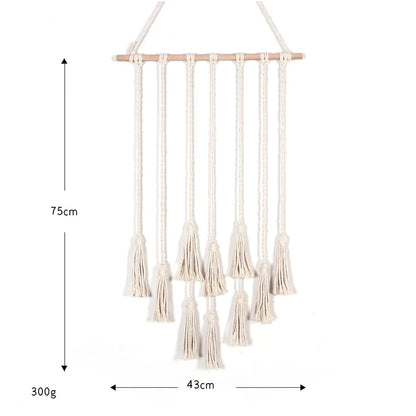 Elegant hand-woven cotton tassel tapestry wall hanging, showcasing Nordic style home décor ideal for B & B hotels, adding a touch of luxury and sophistication to any interior space.