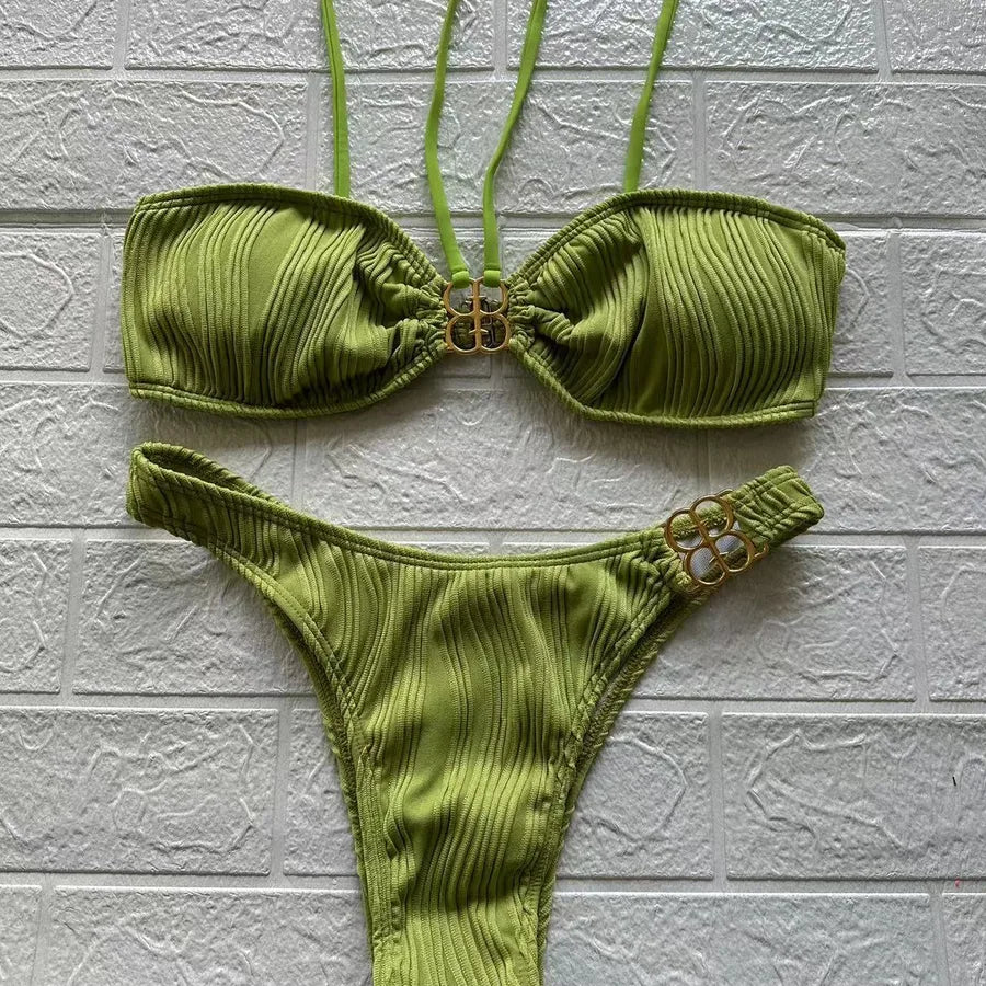View of Women's Solid Colour Bikini Set revealing exquisite bikini style panties, crafted from high-quality polyester, effortlessly merging comfort with fashion.