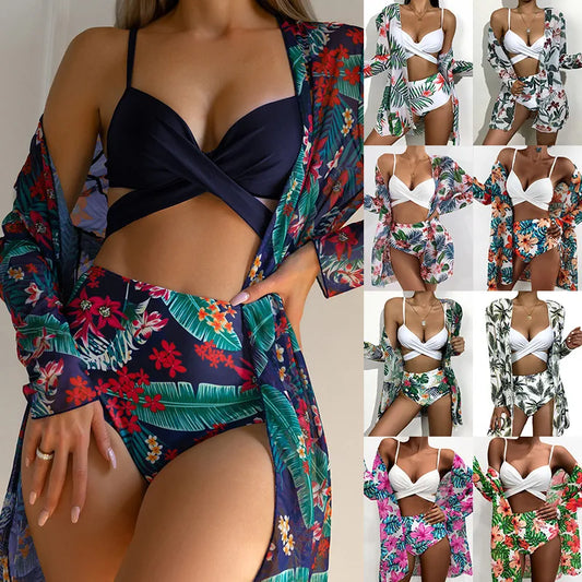 Luxury Women's Ditsy Floral 3-Piece Bikini Swimwear Set featuring a sleeveless design and U neck, perfect for swimming in style. This regular fit set is made from high-quality polyester, designed for comfort and elegance on the beach.