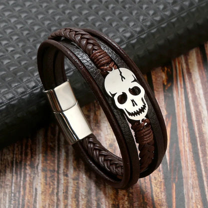 Stylish 304 stainless steel and PU leather braided bracelet for men, showcasing a bold punk skull motif, perfect for Halloween and daily wear.