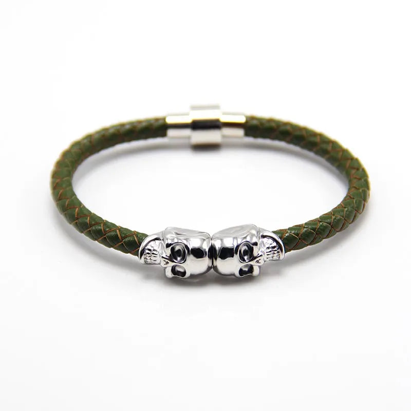 Exquisite close-up of the punk skull leather and copper men's bangle, highlighting intricate detailing and craftsmanship for stylish Halloween wear.