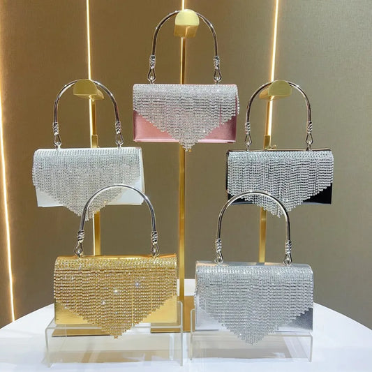 Elegant Fringed Rhinestone Crossbody Clutch Bag For Evening Dresses Cheongsam Ball Gown High-End Women's Handbag Fashionable Square Polyester Bag