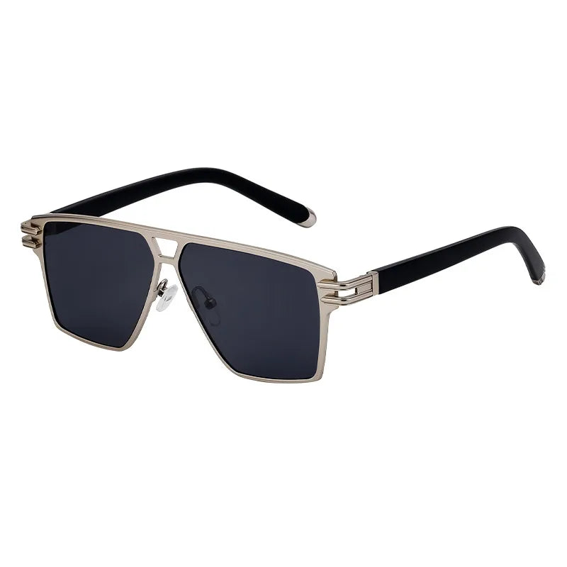 Chic grey and black street-style sunglasses for men, emphasizing geometric patterns and luxury aesthetics.