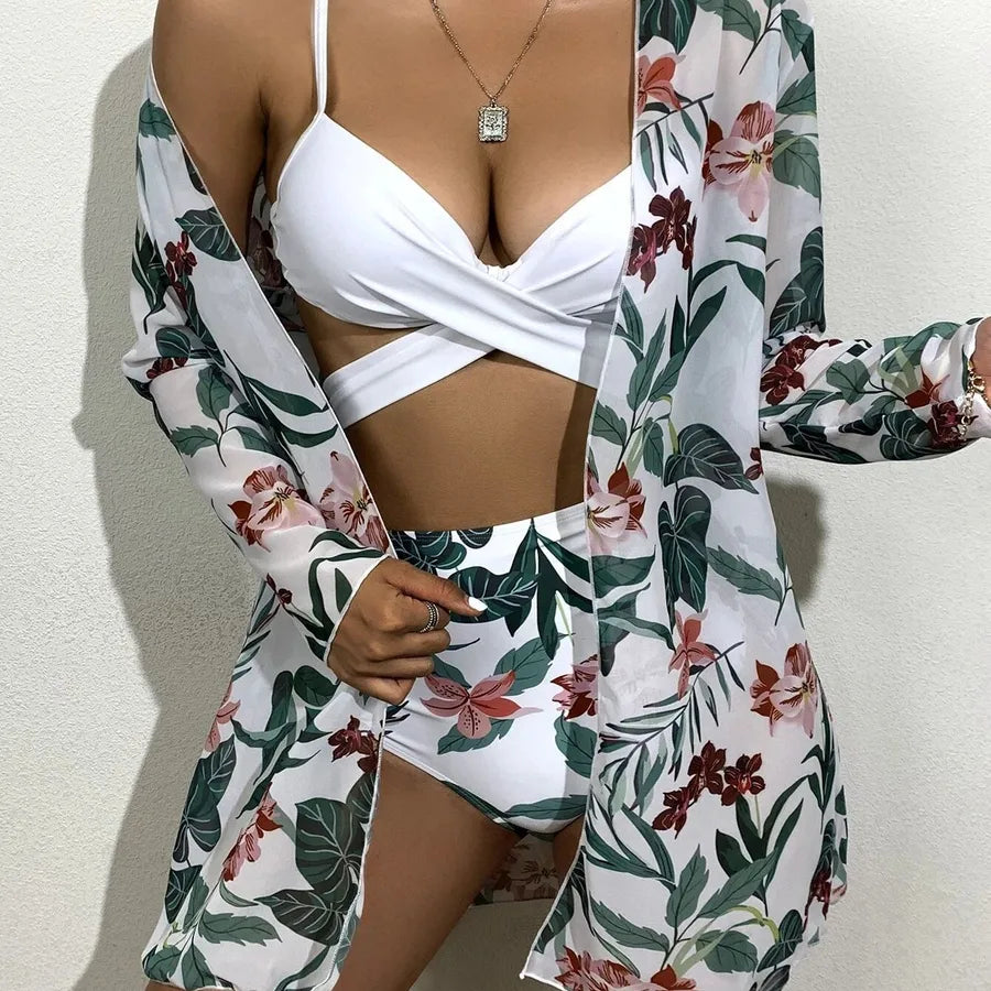 Elegant model wearing the luxury women's ditsy floral bikini swimwear set, accentuating the comfortable regular fit and feminine design.