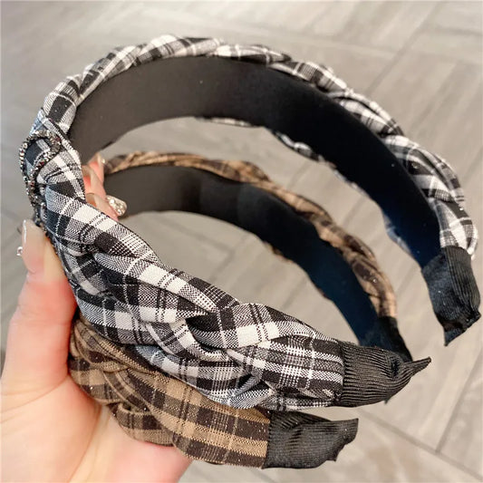 Comfortable Women's Hairband Twist Braid Design Vintage Style Black White Checkered With Water Diamond Butterfly Knot Top Accessory