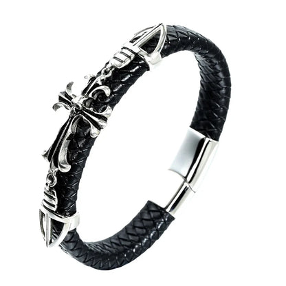 Elegant braided design of the Gothic Cross Skull wristband featuring stainless steel accents, an ideal accessory for festival and party occasions.