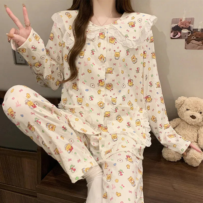 Sweet Cherry Cloud Cotton Long Sleeve Spring Home Clothes Set For Girls Comfortable Breathable Sleepwear Casual Style