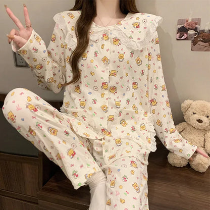 Sweet Cherry Cloud Cotton Long Sleeve Spring Home Clothes Set For Girls Comfortable Breathable Sleepwear Casual Style