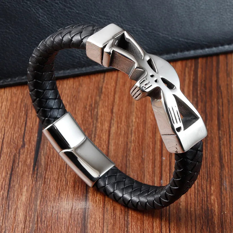 Elegant geometric skull bracelet in high-quality PU leather and titanium steel, showcasing a sophisticated vintage style woven chain, perfect for daily wear.
