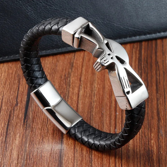 Elegant geometric skull bracelet in high-quality PU leather and titanium steel, showcasing a sophisticated vintage style woven chain, perfect for daily wear.