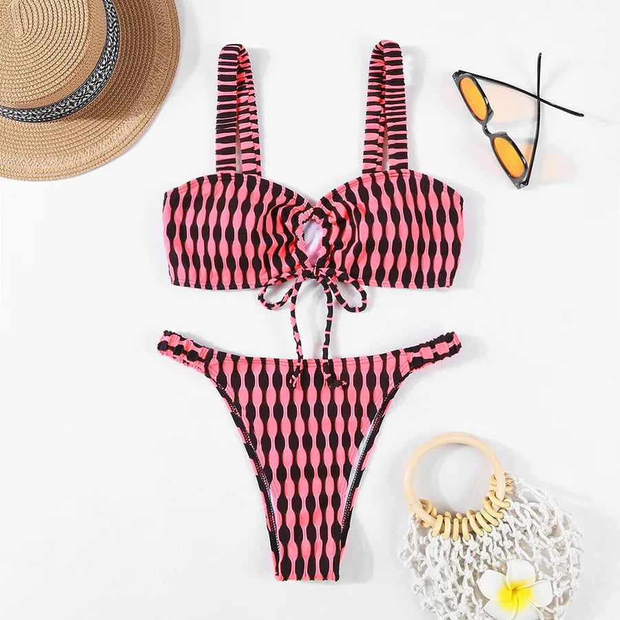 Chic women's bikini set in a timeless plaid pattern, crafted from high-quality nylon, ideal for stylish swimming and sunbathing.