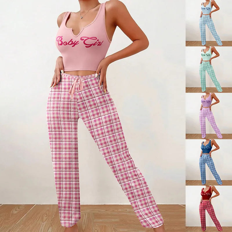 Luxury plaid trousers and letter printed U neck top leisure set for young women, perfect for stylish home and outdoor occasions.