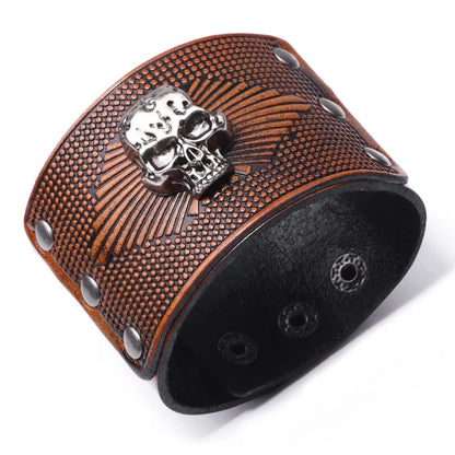 Vintage Style Skull Leather Bangle for Men - Perfect Halloween Accessory in Multiple Colours