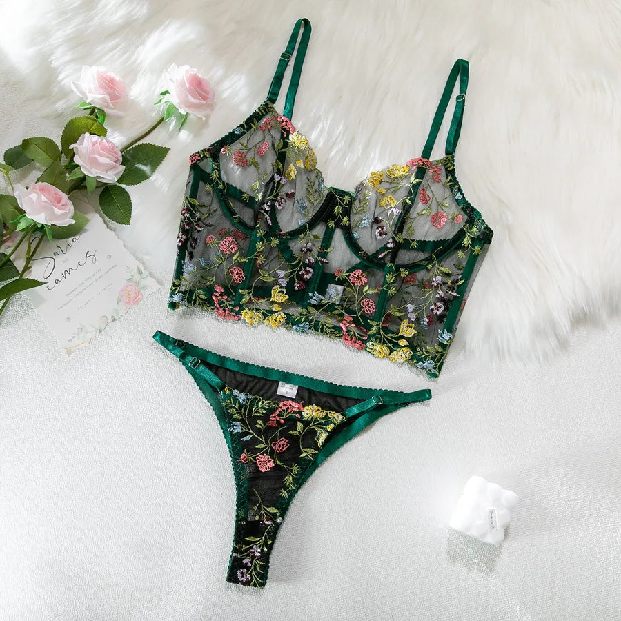 Opulent sexy lingerie set for women, featuring a floral embroidered underwire bra and a low waist thong, designed for ultimate sensuality and style.