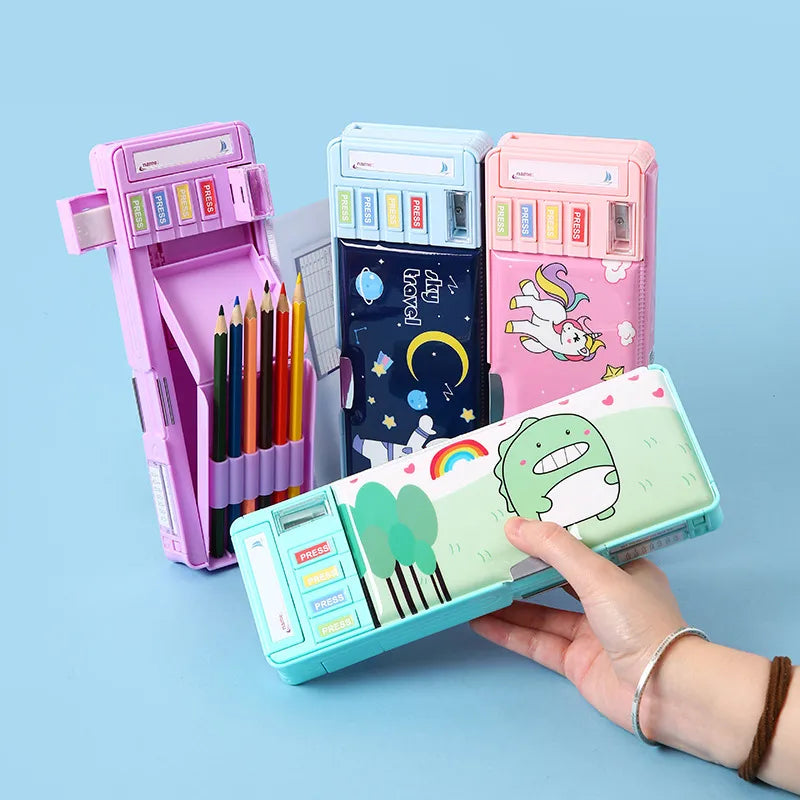 Elegant large-capacity double-layer cartoon pencil case designed for primary school students, made from durable ABS material featuring a charming preppy style, perfect for school stationery needs.