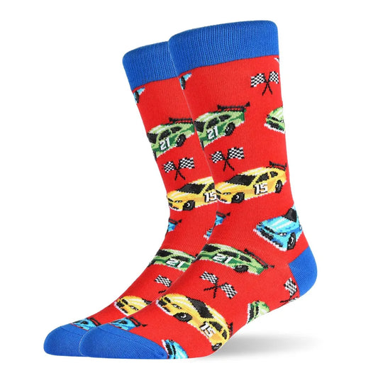 Stylish men's jacquard socks showcasing a unique design of cars and mushrooms, made from high-quality breathable nylon cotton for comfortable winter fashion.