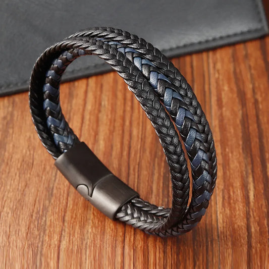 Elegant men's retro woven leather bracelet featuring a stylish geometric design crafted from luxurious leather and titanium steel with a magnetic snap closure.