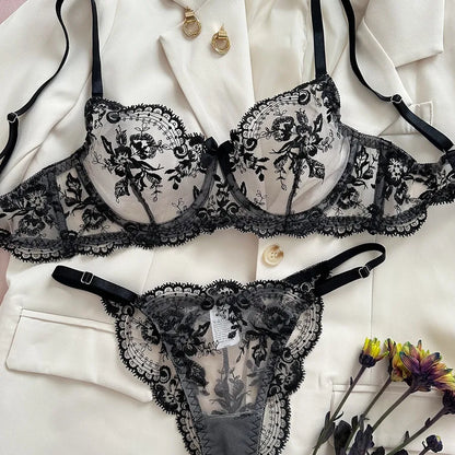 Elegant sheer bra from the luxury women's floral lingerie set, showcasing delicate floral patterns and a sexy design.