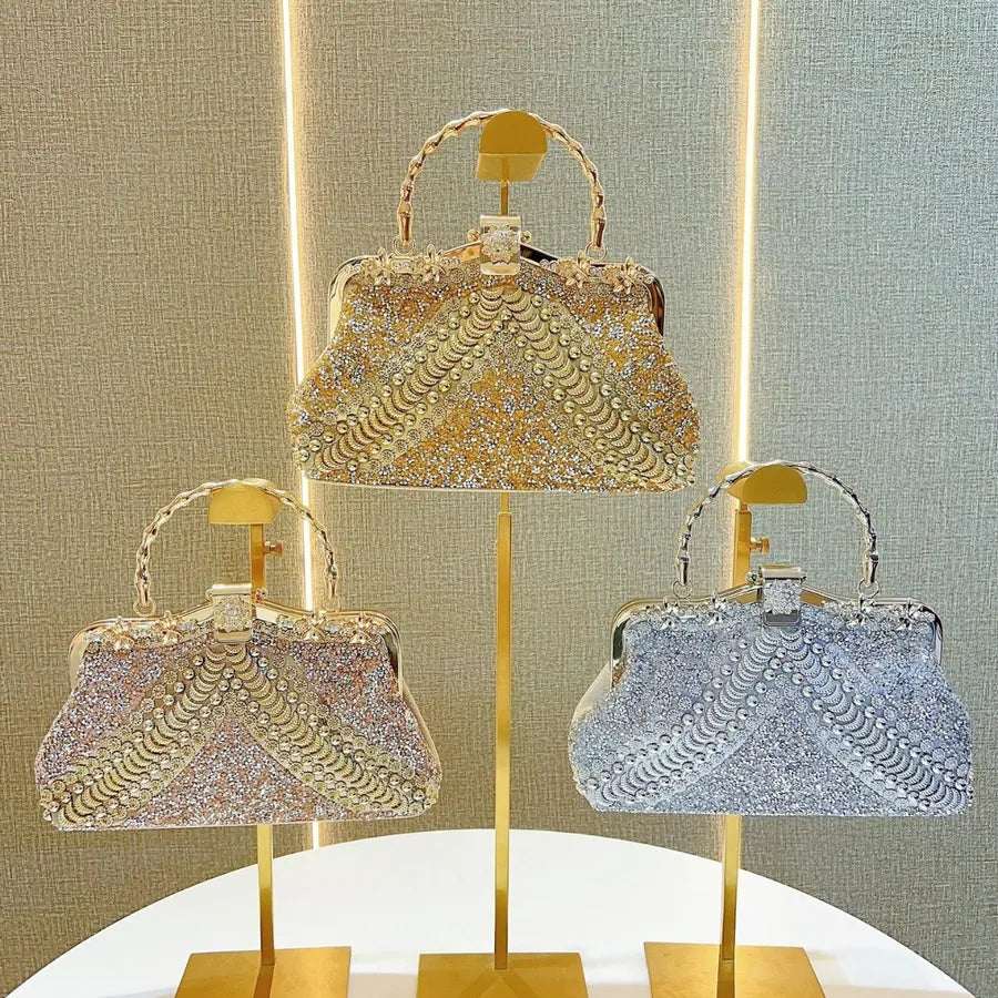 Elegant luxury clutch bag with diamond embellishments, showcasing a chic pillow shape design and single shoulder strap, crafted from high-quality PVC.