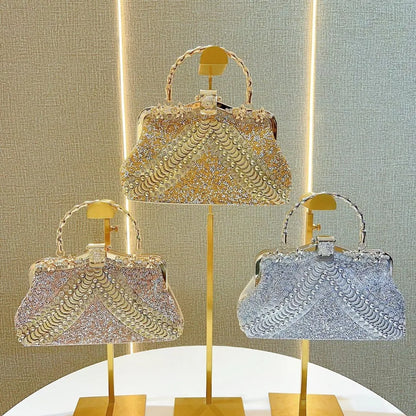 Elegant luxury clutch bag with diamond embellishments, showcasing a chic pillow shape design and single shoulder strap, crafted from high-quality PVC.