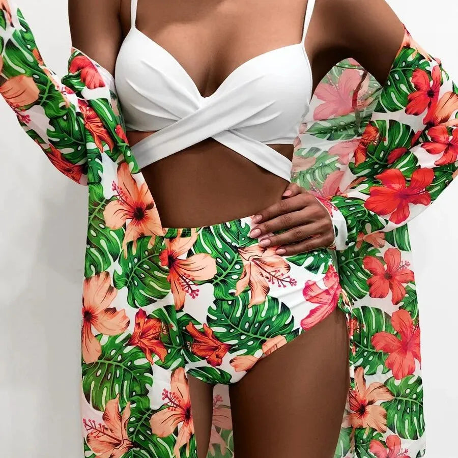 Close-up view of the vibrant ditsy floral pattern on a luxurious women’s bikini set, ideal for summer swimming adventures.