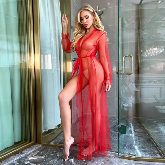see-through solid color mesh lace up nightgown