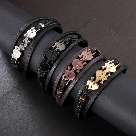 Elegant Hip-Hop retro geometric skull bracelet crafted from 18K gold plated titanium steel and pu leather, perfect for men's luxury fashion.