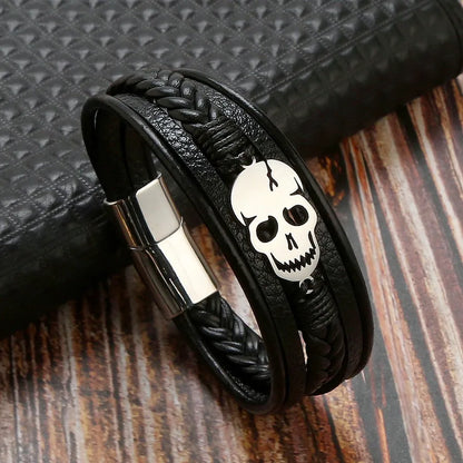 Luxurious Punk Skull bracelet crafted from 304 stainless steel and PU leather, ideal Halloween accessory for men featuring an intricate braided design.